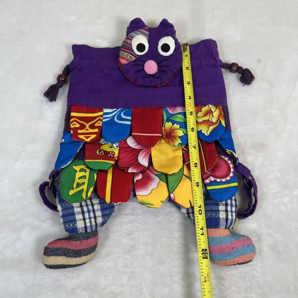 Handmade Patchwork Colorful Cat Drawstring Backpack Purple Multi-Color Charity